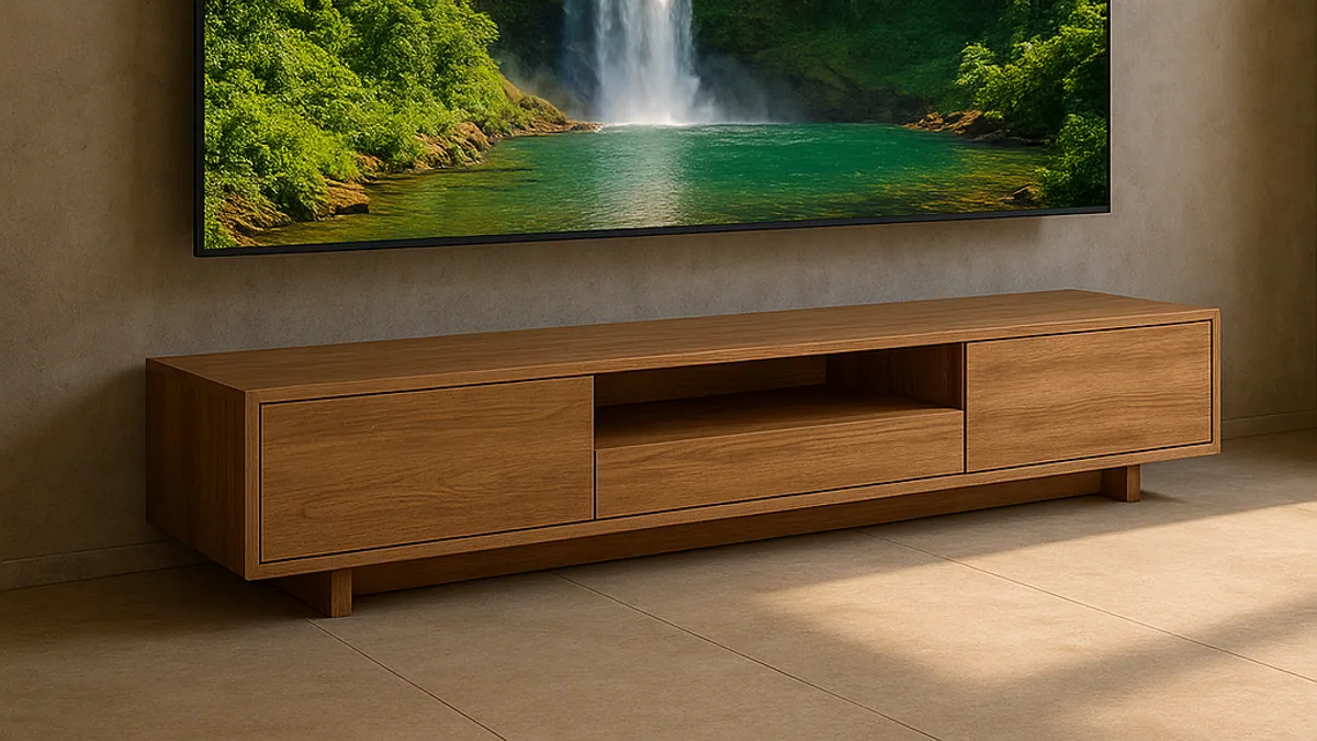 TV grande exibindo uma paisagem de cachoeira com imagem muito nítida