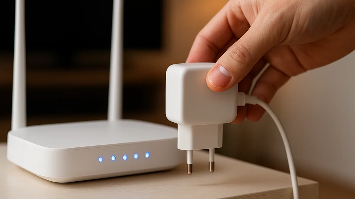 Mão desligando o roteador da tomada para reiniciar a internet da casa