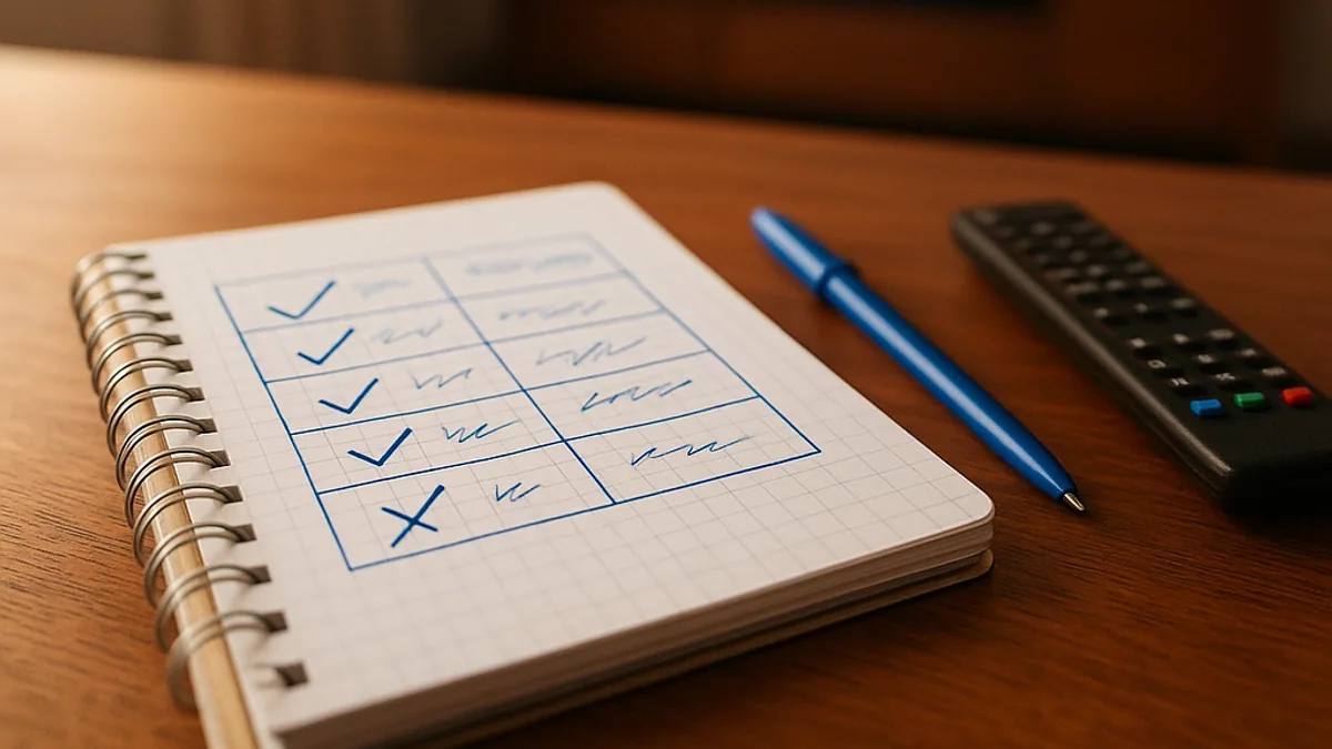 Caderno com uma tabela de comparação feita à mão ao lado de um controle remoto