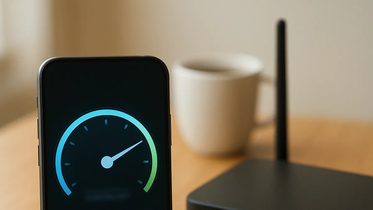 Celular medindo a velocidade da internet ao lado do roteador sobre uma mesa